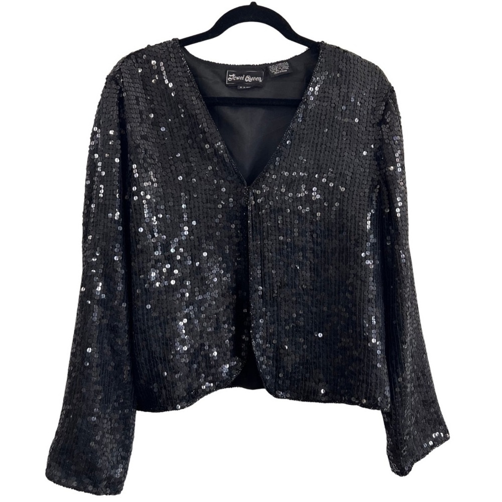 Jewel Queen Black Silk Sequin Evening Jacket Hook Front Size Medium